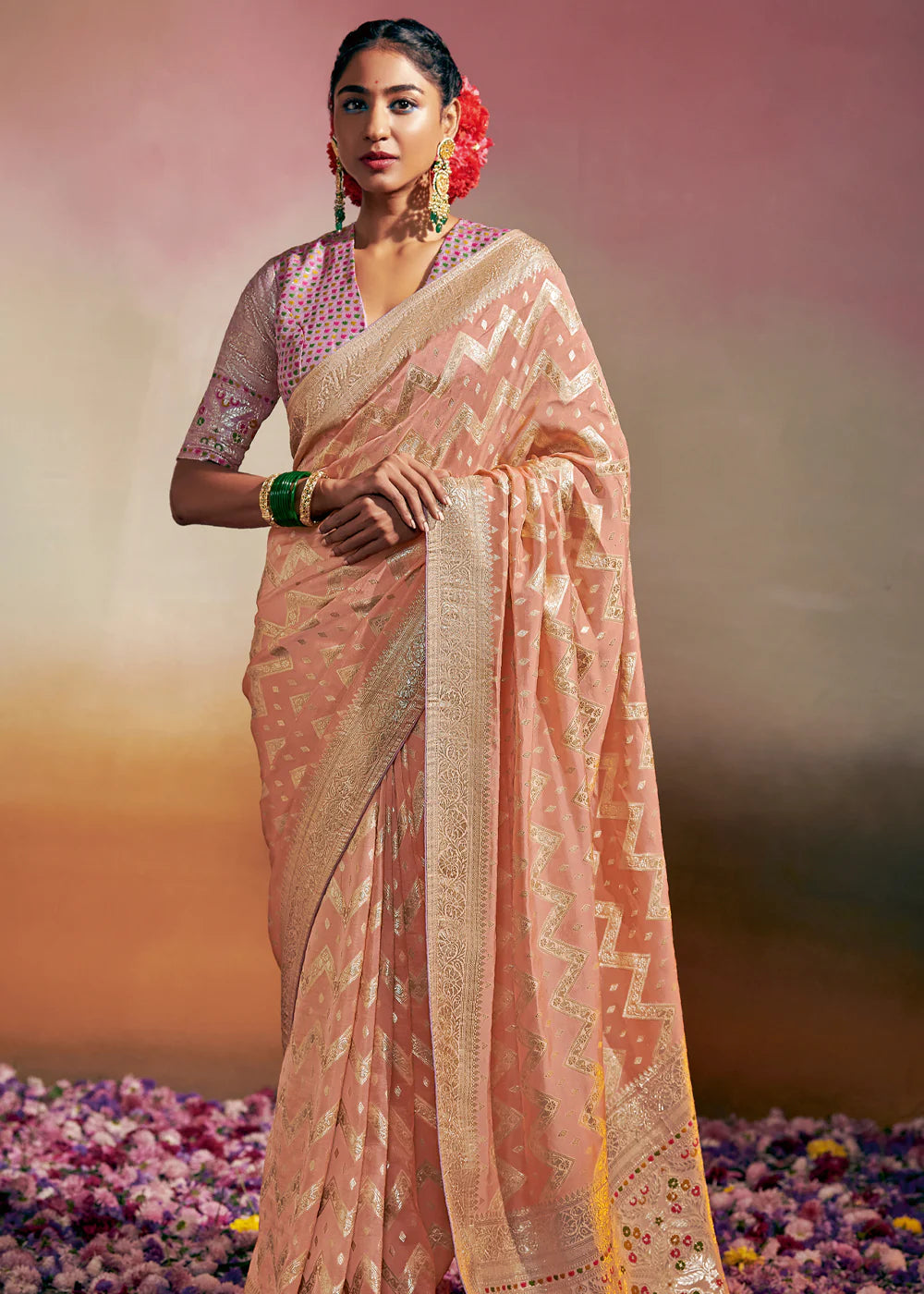 SALMON PEACH Woven Soft Silk Banarasi Saree With Minakari Pallu & Fancy Blouse