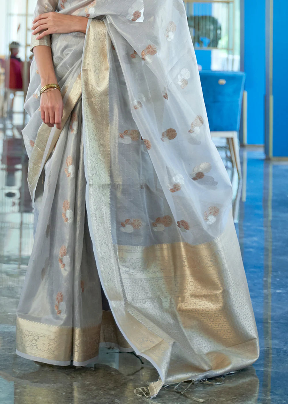 RHINO GREY ZARI WOVEN TISSUE SAREE