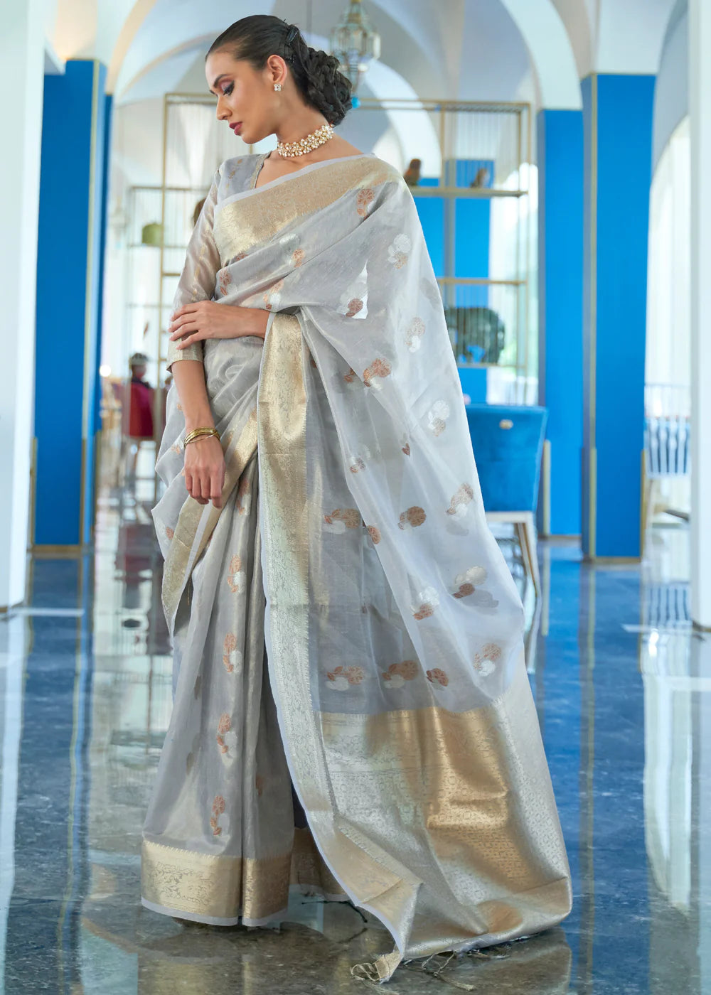 RHINO GREY ZARI WOVEN TISSUE SAREE