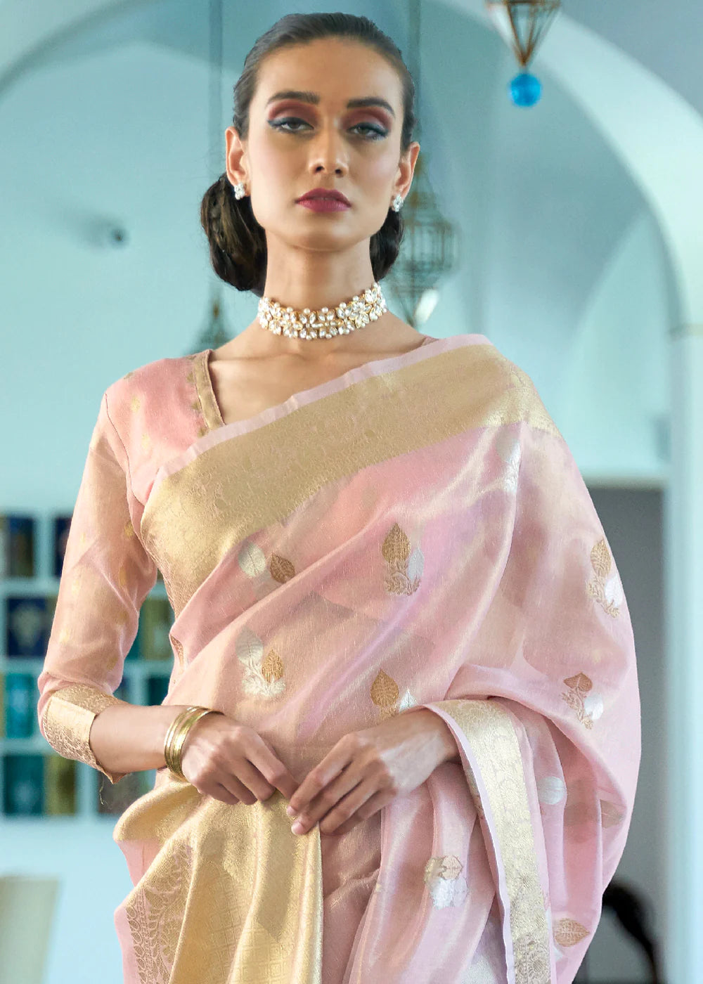 ROSE PINK ZARI WOVEN TISSUE SAREE