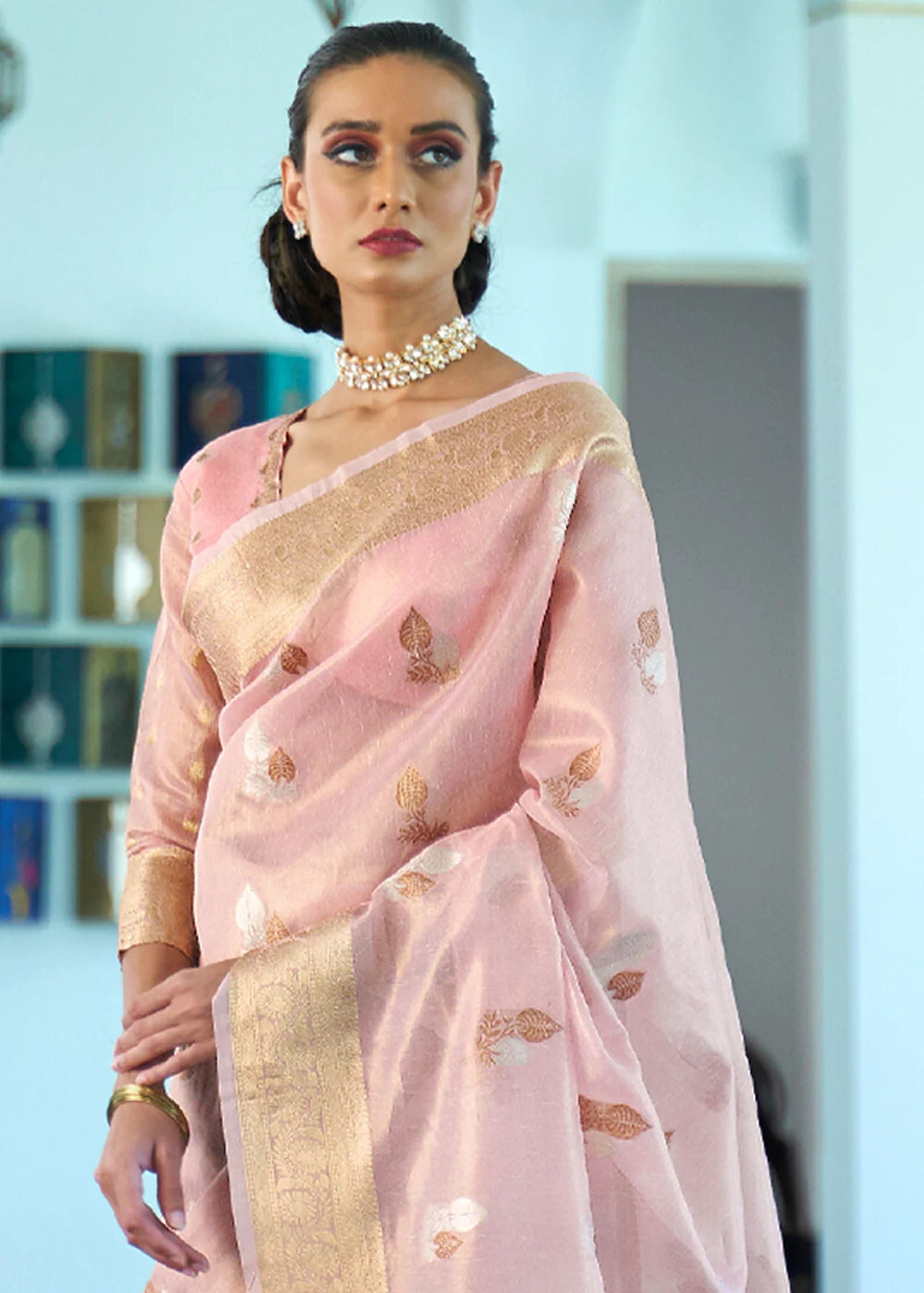 ROSE PINK ZARI WOVEN TISSUE SAREE