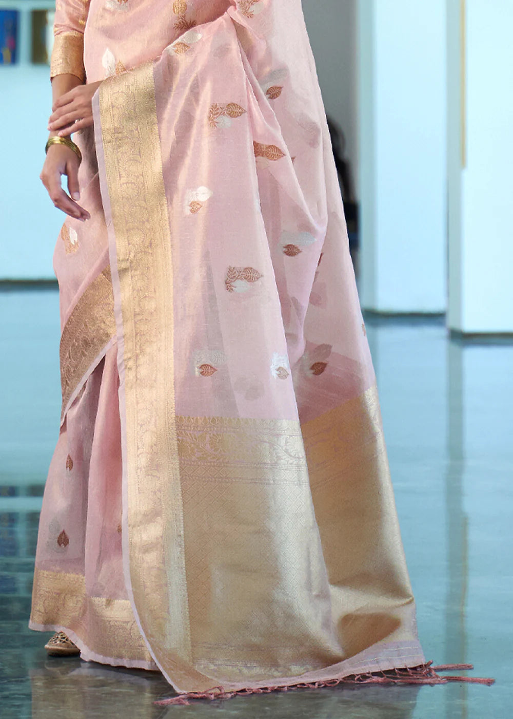 ROSE PINK ZARI WOVEN TISSUE SAREE