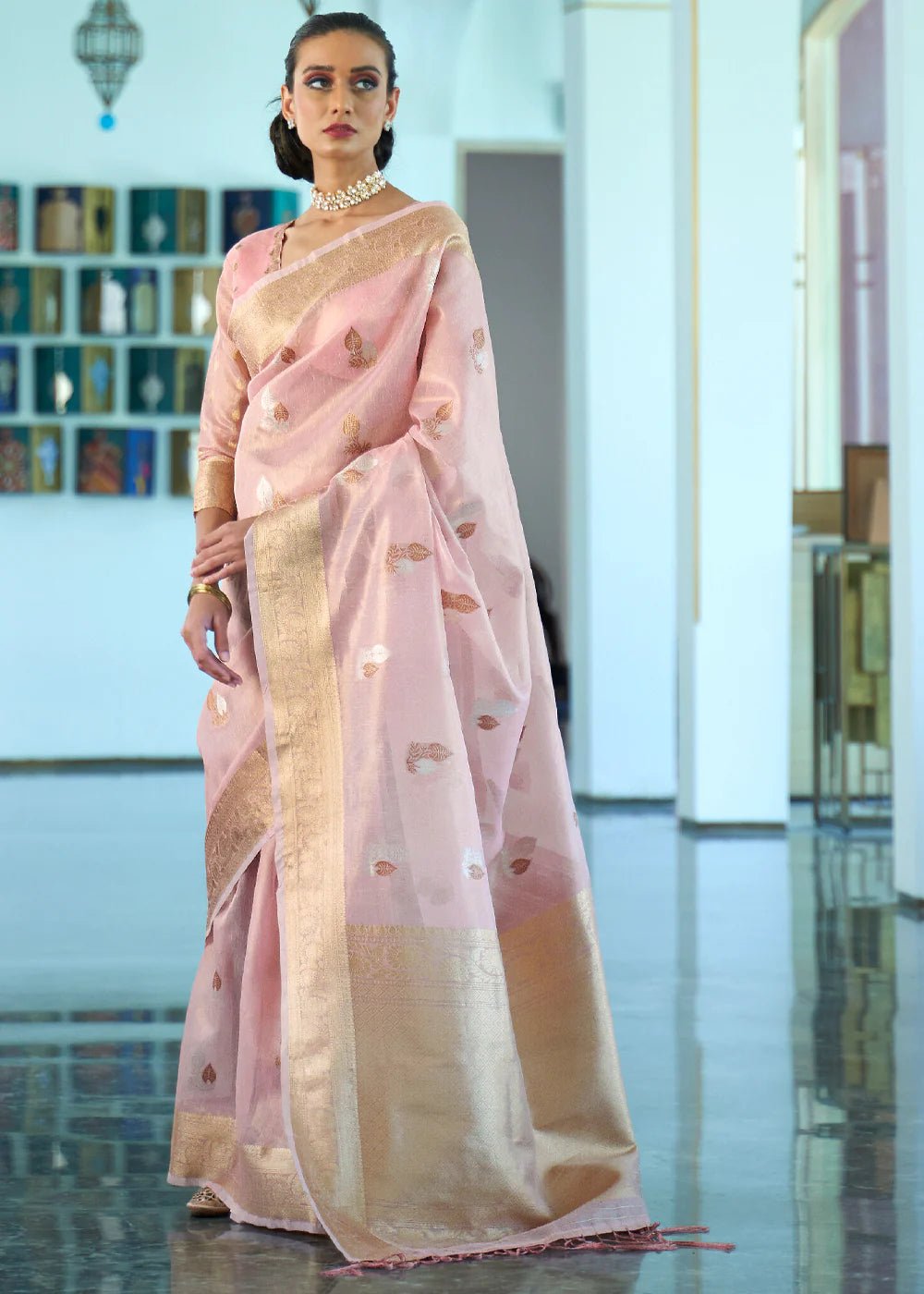 ROSE PINK ZARI WOVEN TISSUE SAREE