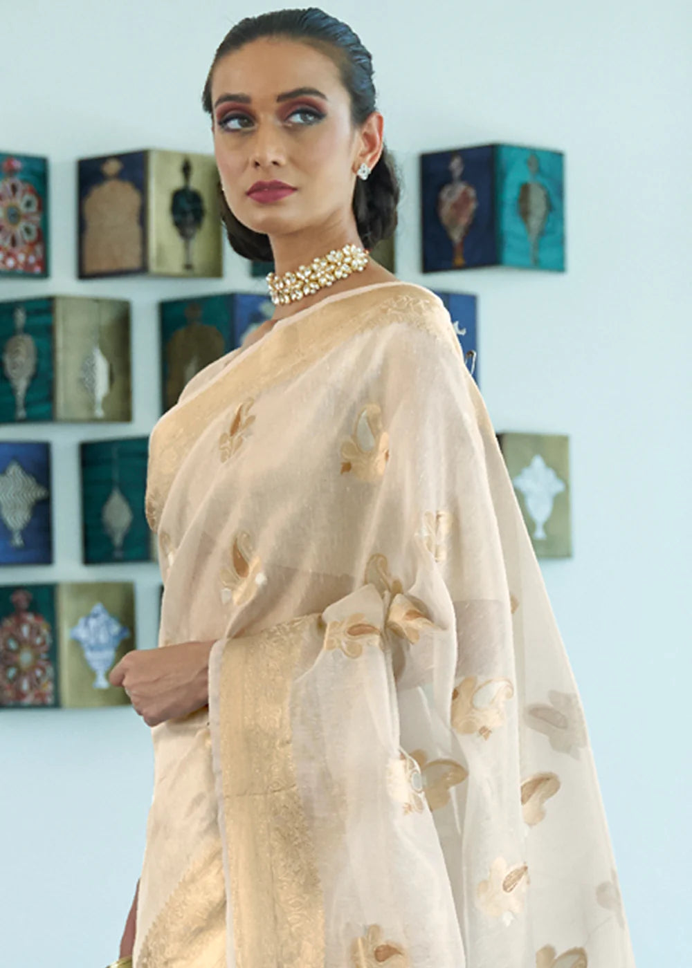 WHITE GOLD ZARI WOVEN TISSUE SAREE