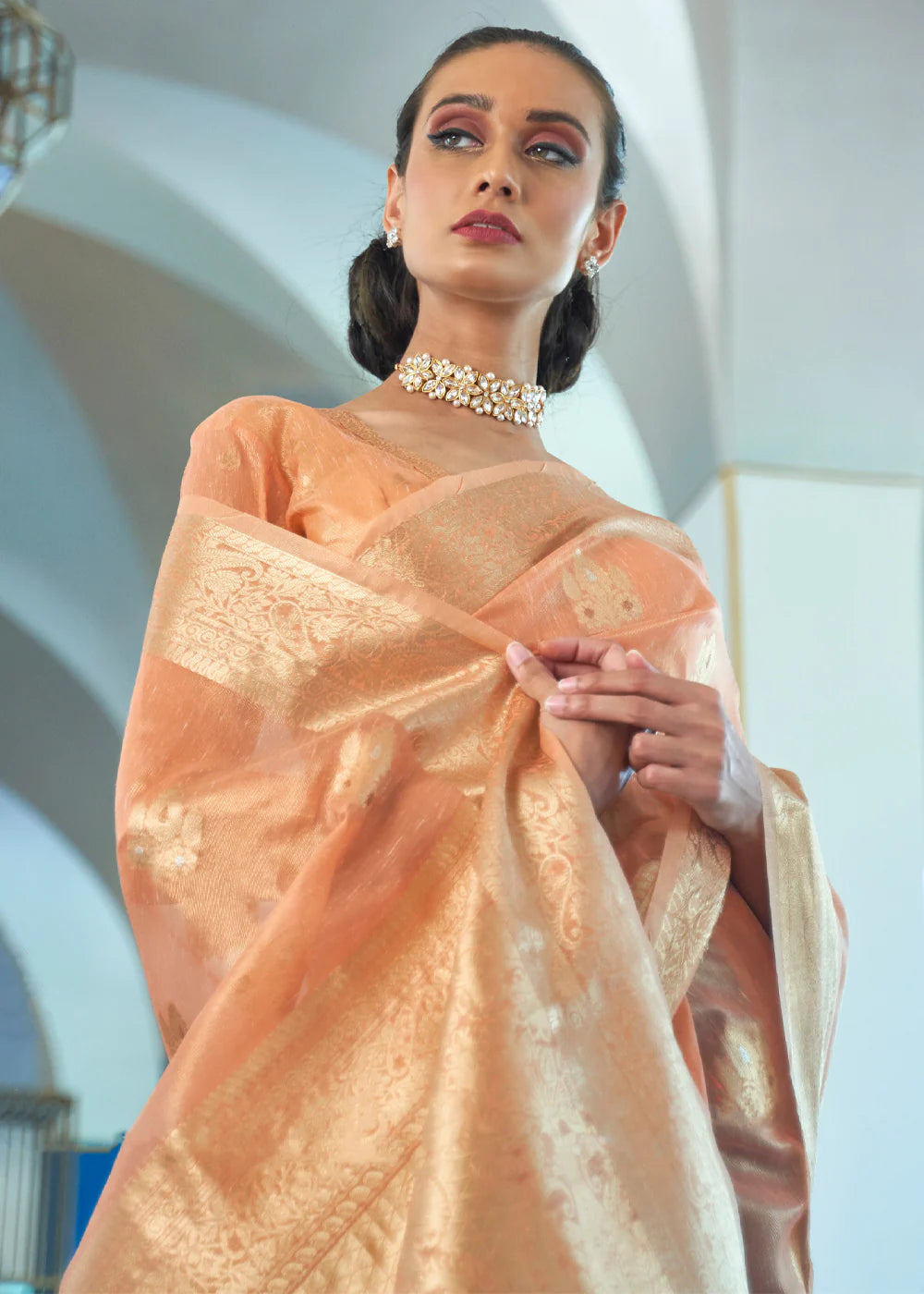 LIGHT PEACH ZARI WOVEN TISSUE SAREE