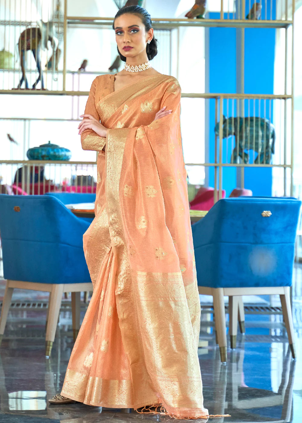 LIGHT PEACH ZARI WOVEN TISSUE SAREE