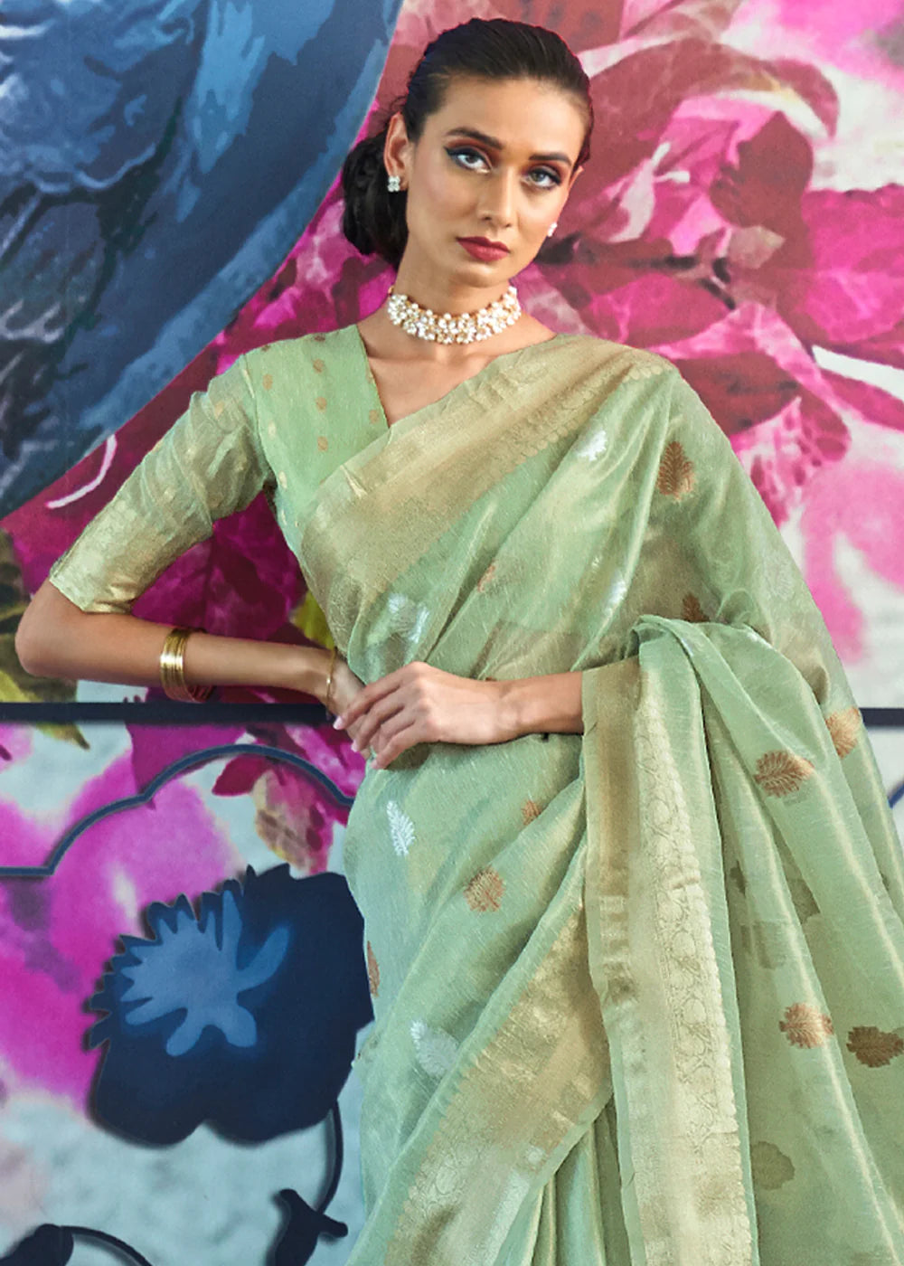 BERMUDA GREEN ZARI WOVEN TISSUE SAREE