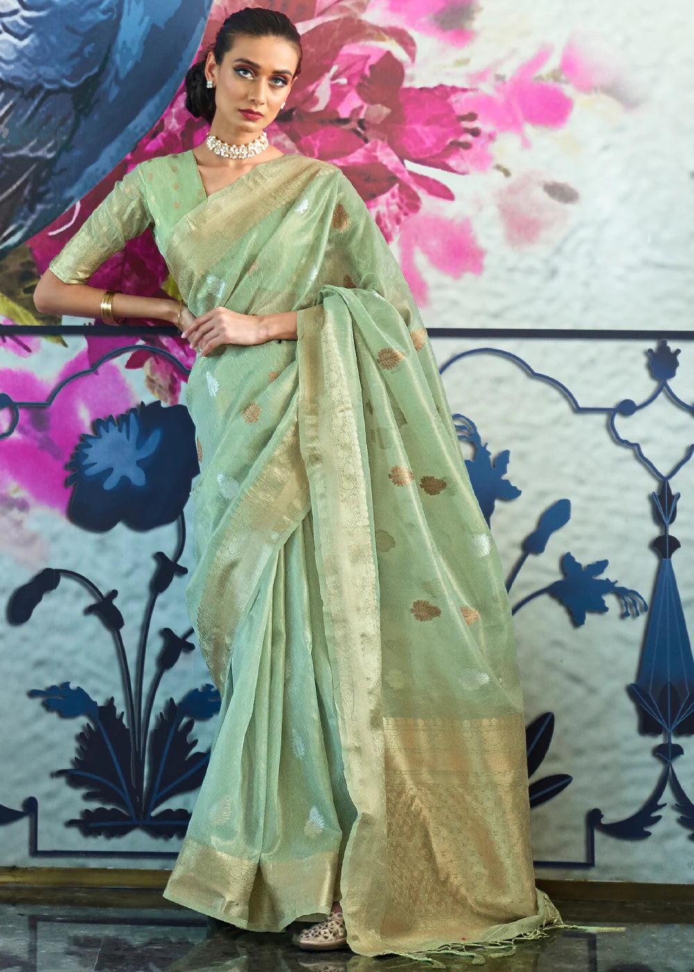 BERMUDA GREEN ZARI WOVEN TISSUE SAREE