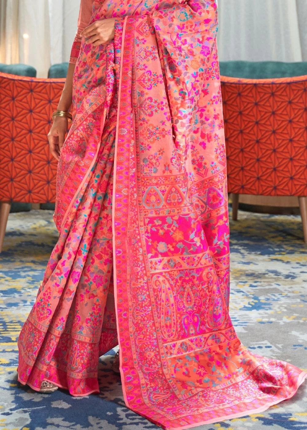 PINK BANARASI JAMAWAR WOVEN KASHMIRA SILK SAREE