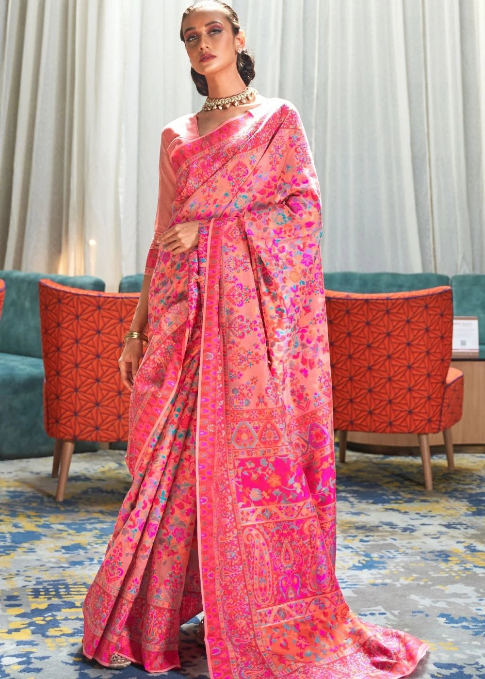 PINK BANARASI JAMAWAR WOVEN KASHMIRA SILK SAREE