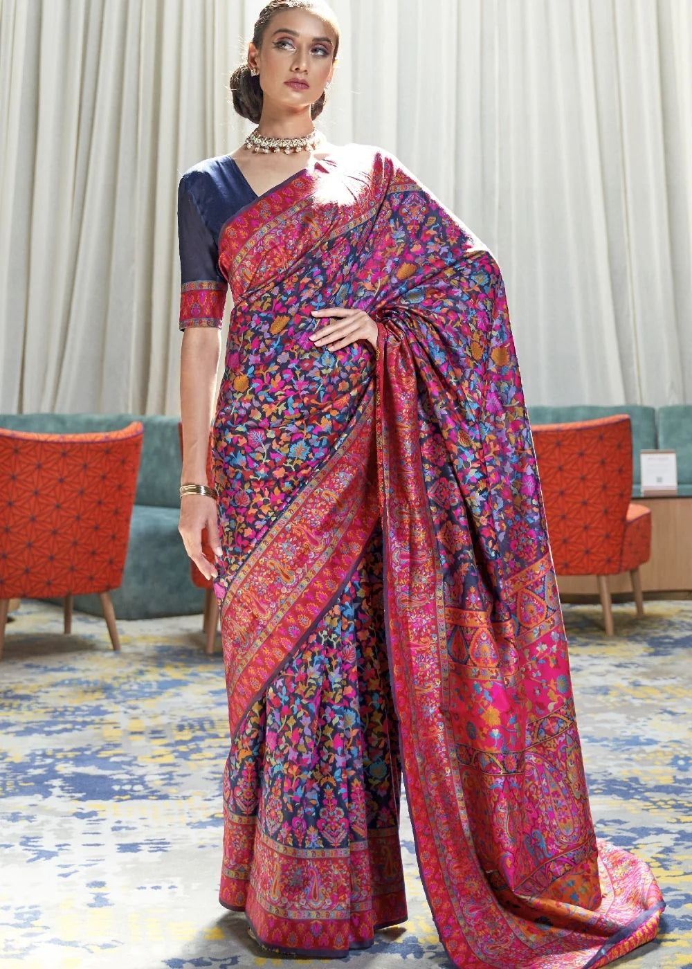 ROYAL BLUE BANARASI JAMAWAR WOVEN KASHMIRA SILK SAREE