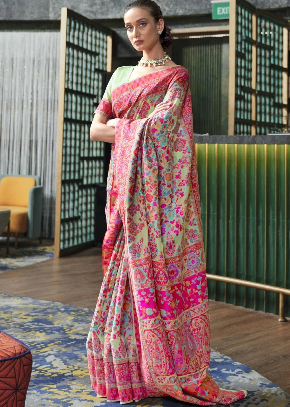 MOSS GREEN BANARASI JAMAWAR WOVEN KASHMIRA SILK SAREE