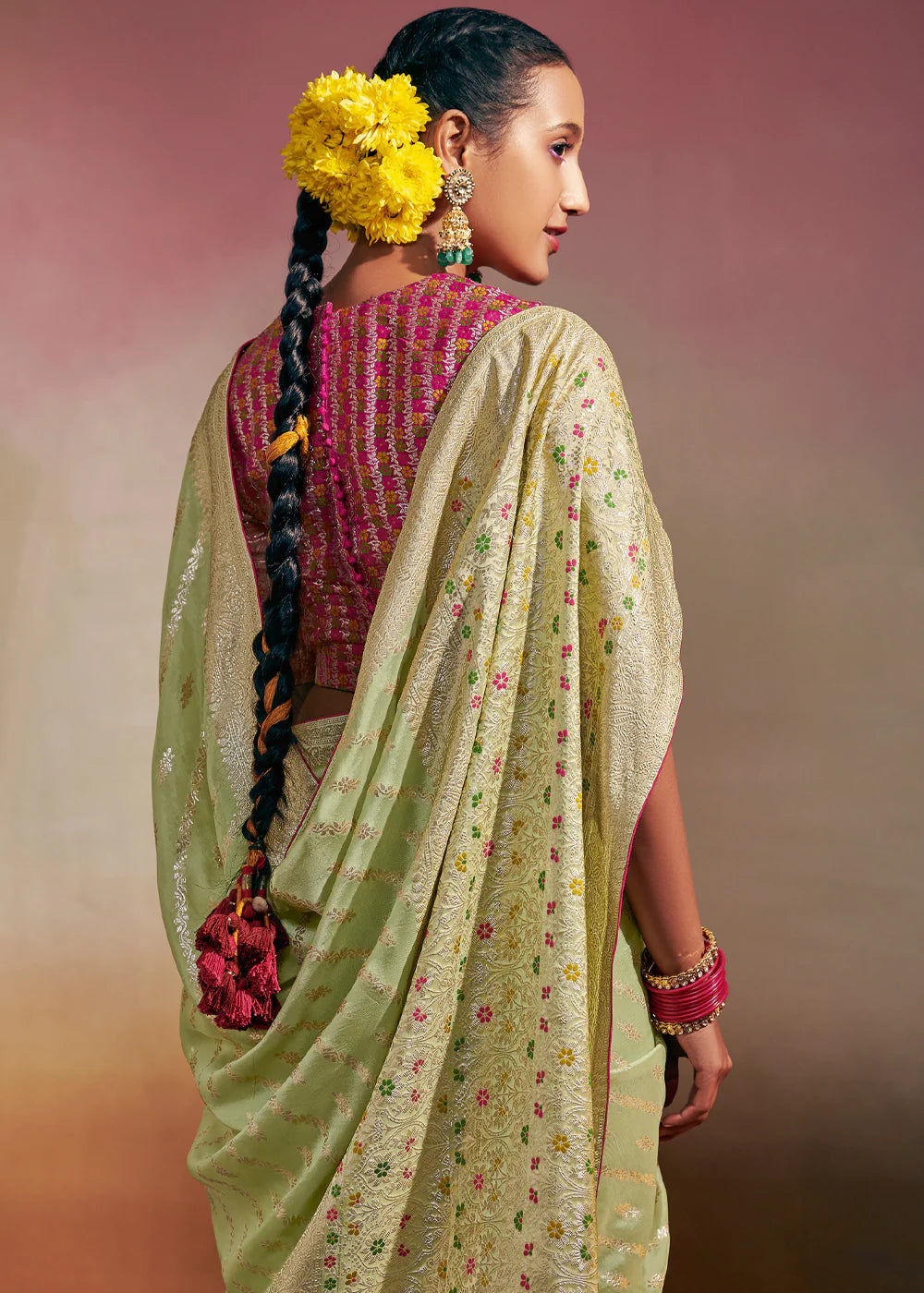 PASTEL GREEN Woven Soft Silk Banarasi Saree With Minakari Pallu & Fancy Blouse