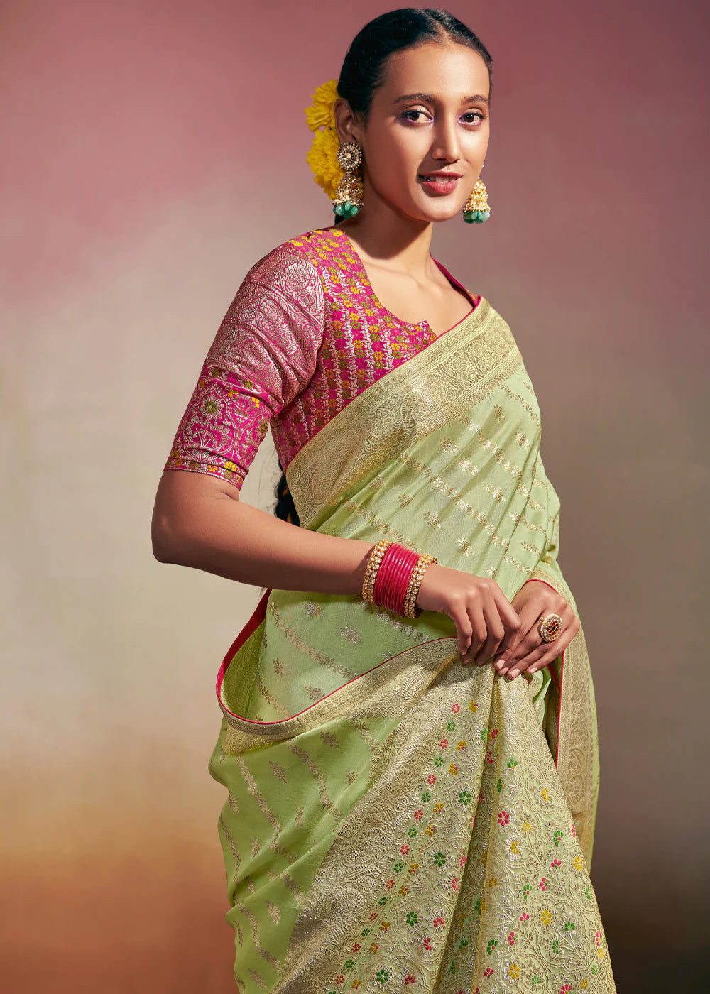 PASTEL GREEN Woven Soft Silk Banarasi Saree With Minakari Pallu & Fancy Blouse