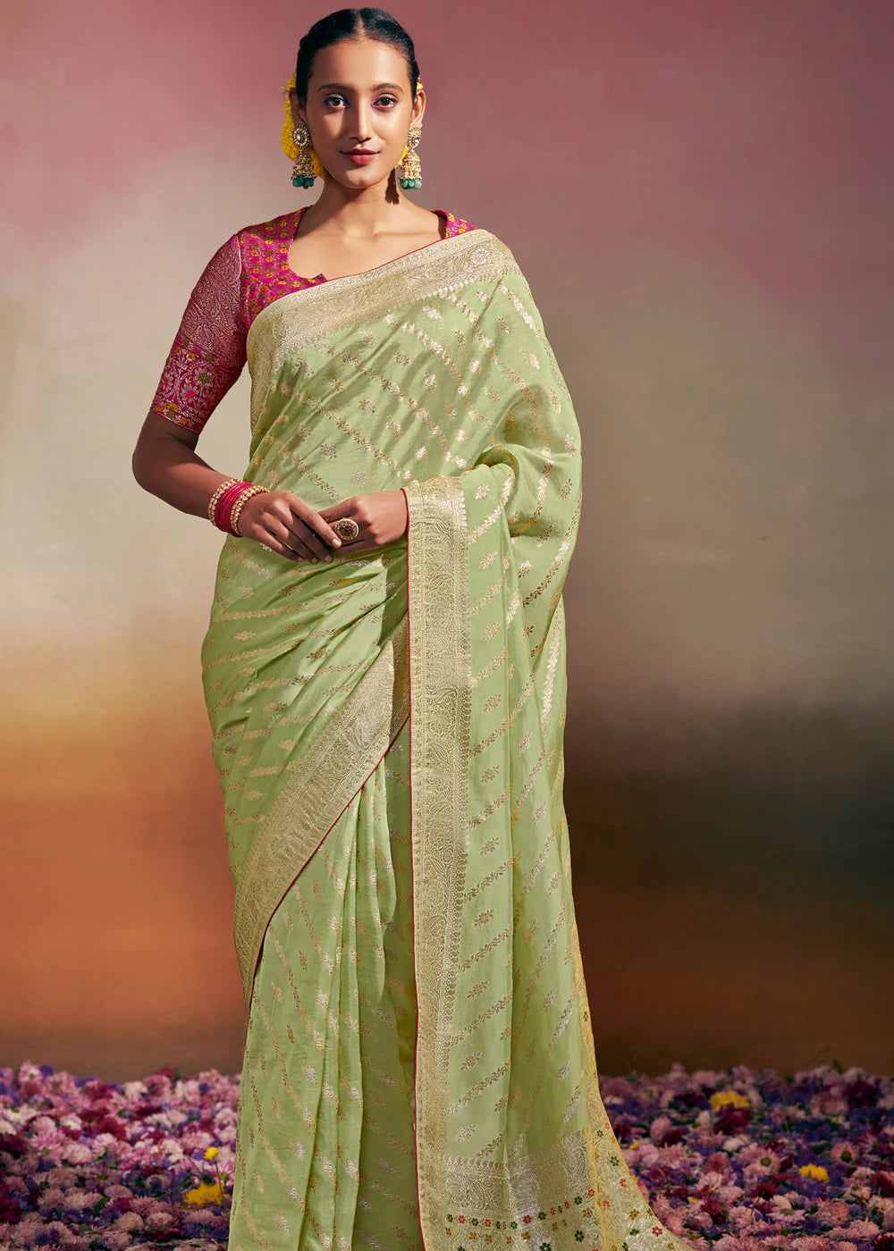 PASTEL GREEN Woven Soft Silk Banarasi Saree With Minakari Pallu & Fancy Blouse