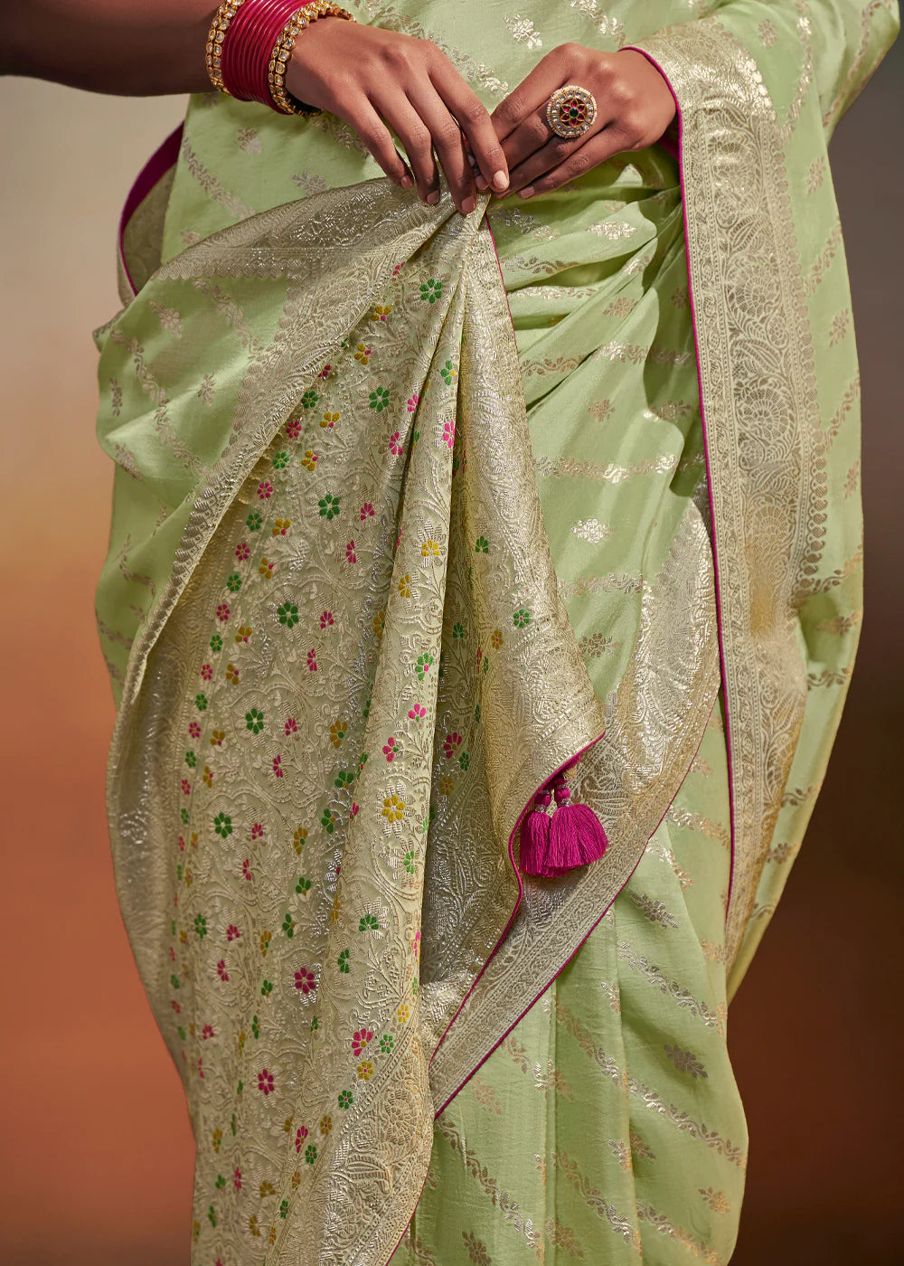 PASTEL GREEN Woven Soft Silk Banarasi Saree With Minakari Pallu & Fancy Blouse