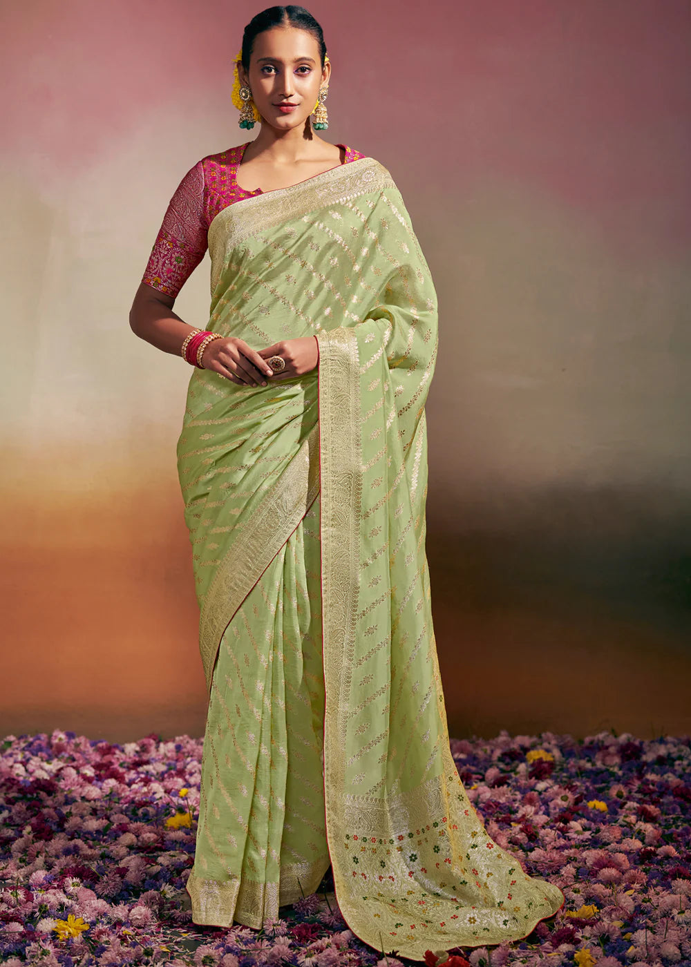 PASTEL GREEN Woven Soft Silk Banarasi Saree With Minakari Pallu & Fancy Blouse