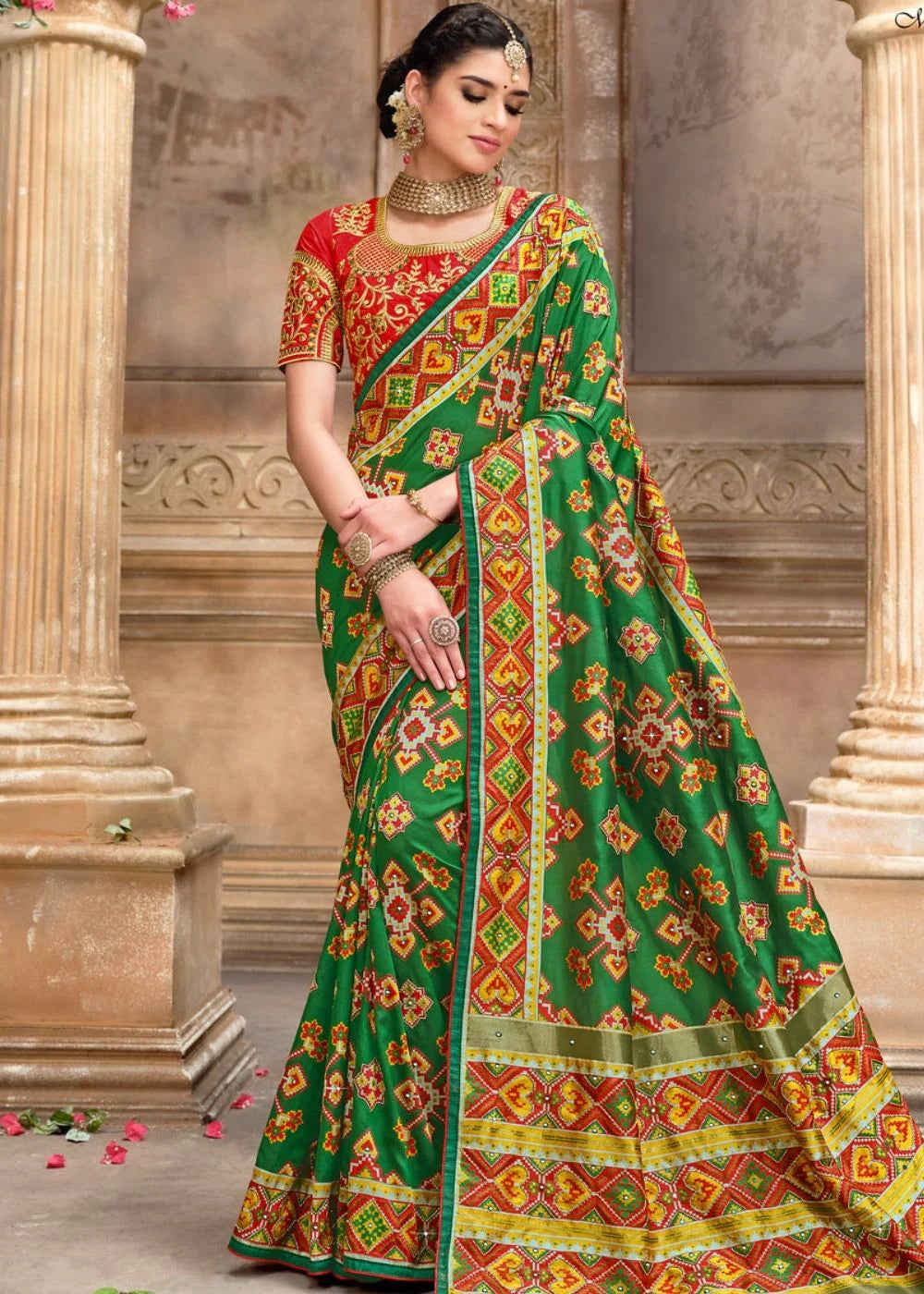 GREEN PATOLA SILK SAREE WITH MIRROR  WORK