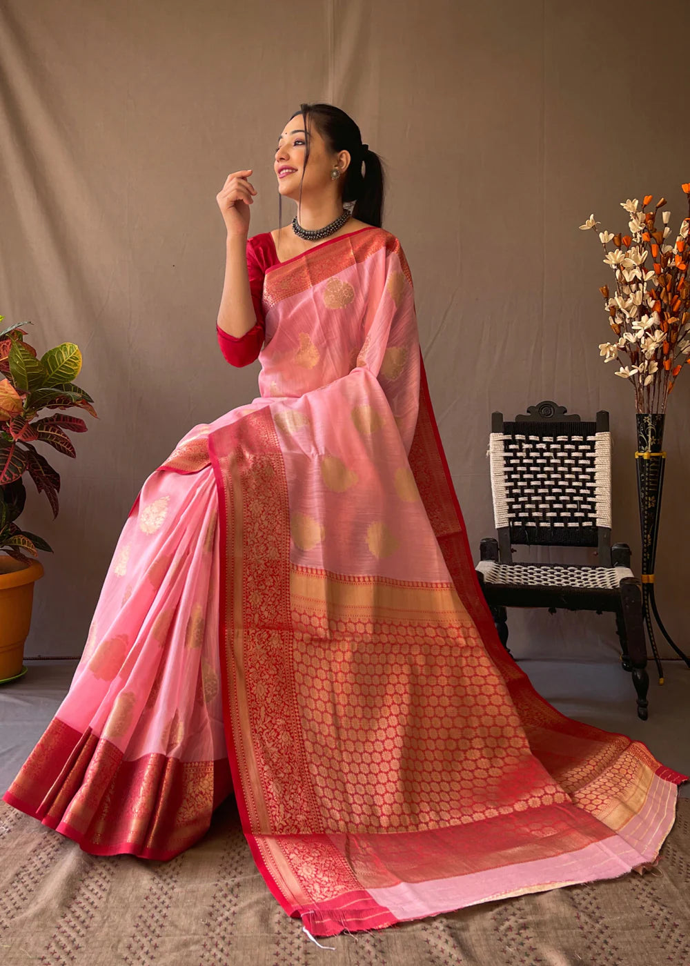 MAUVELOUS PINK Linen  Banarasi Silk Saree