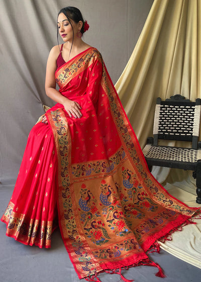 CHERRY RED  Woven Paithani Silk Saree