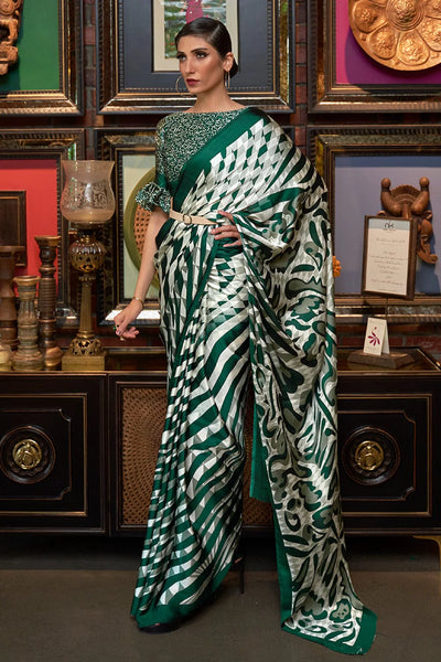 Green Satin Silk Printed Saree
