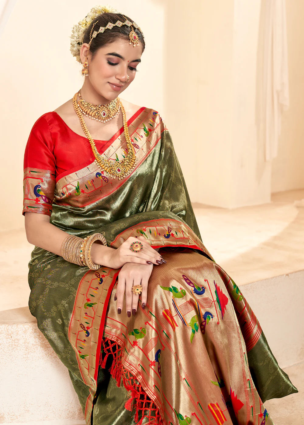 PHTHALO GREEN Soft tissue silk with paithani border SAREE