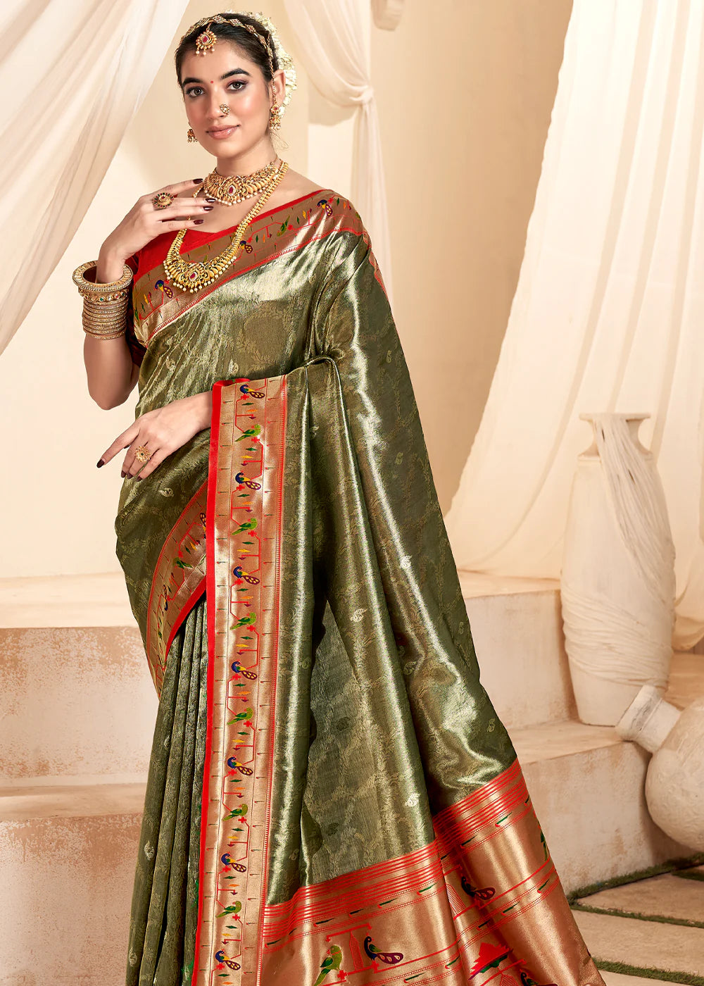 PHTHALO GREEN Soft tissue silk with paithani border SAREE