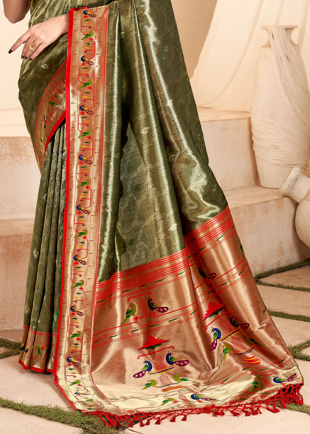 PHTHALO GREEN Soft tissue silk with paithani border SAREE