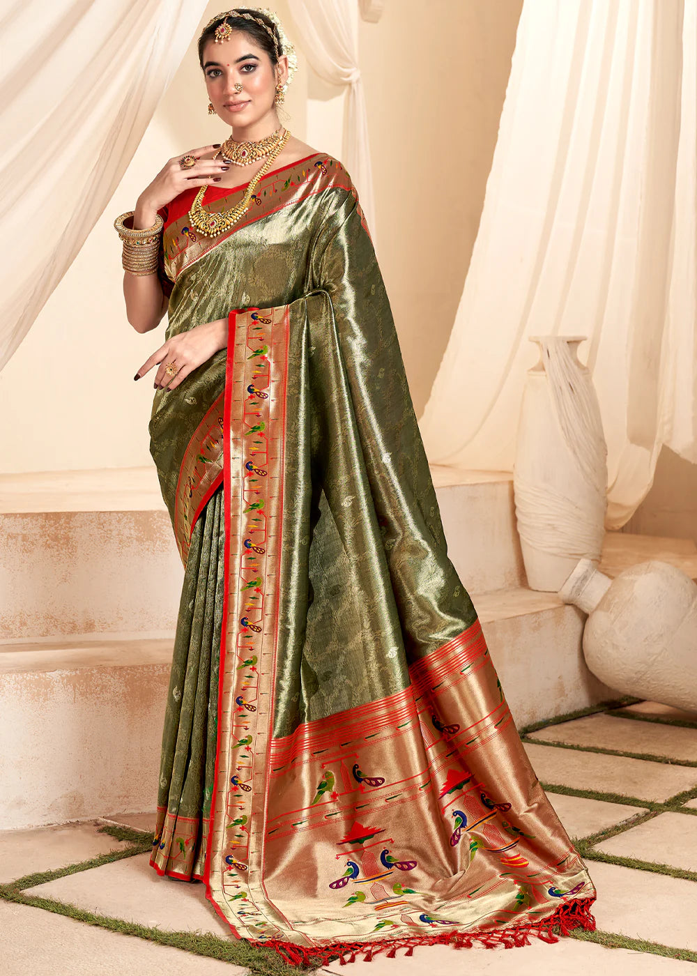 PHTHALO GREEN Soft tissue silk with paithani border SAREE