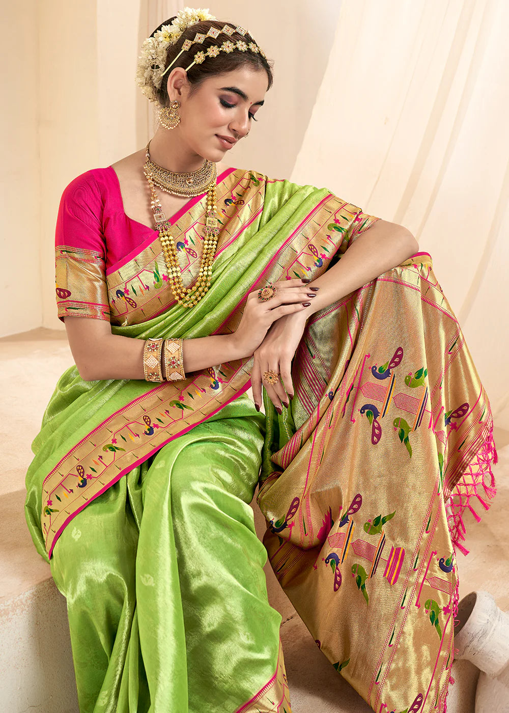 KELLY GREEN Soft tissue silk with paithani border SAREE