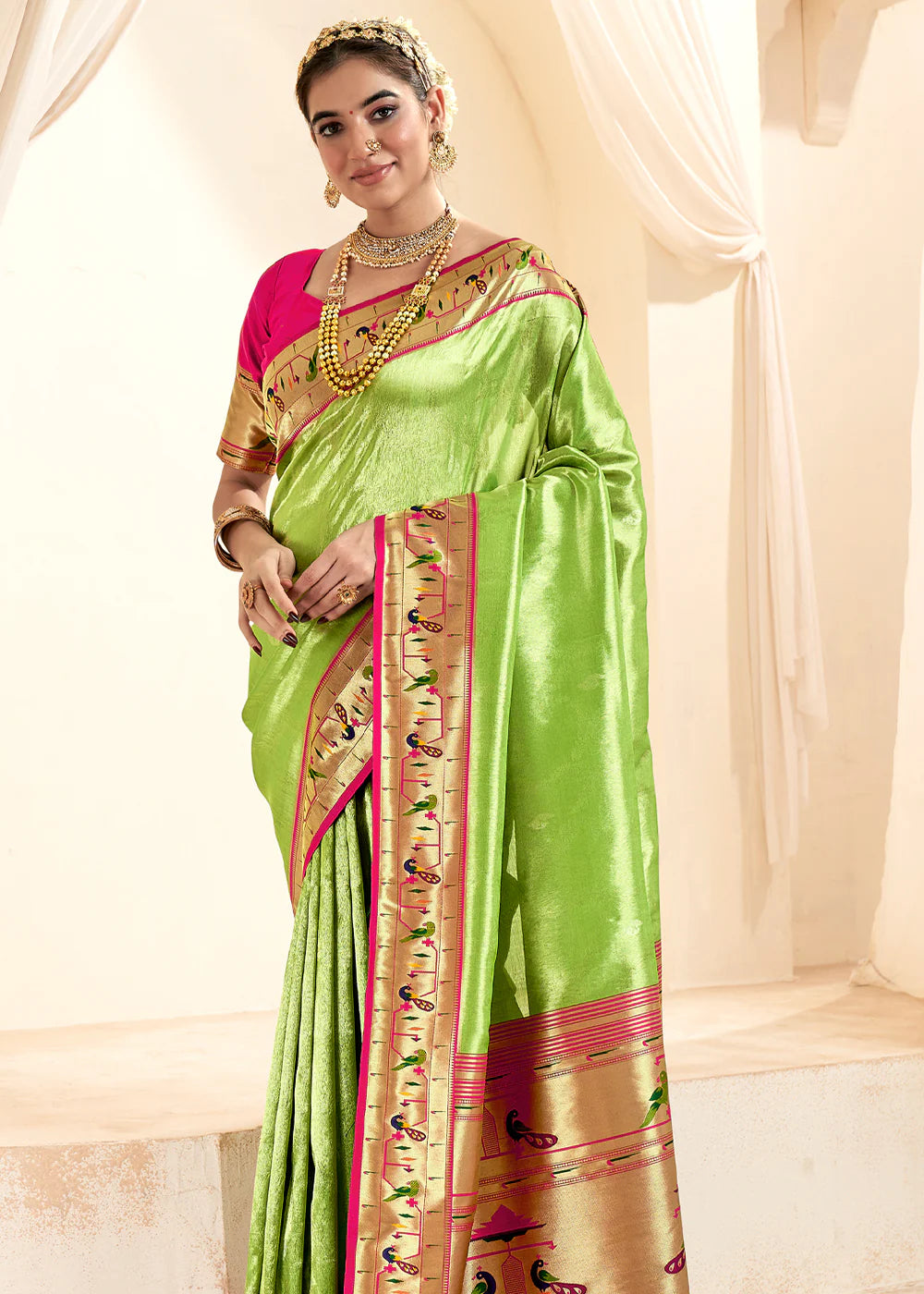 KELLY GREEN Soft tissue silk with paithani border SAREE