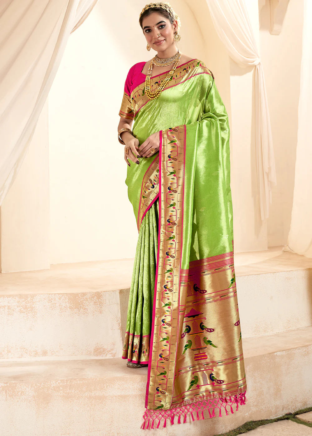 KELLY GREEN Soft tissue silk with paithani border SAREE