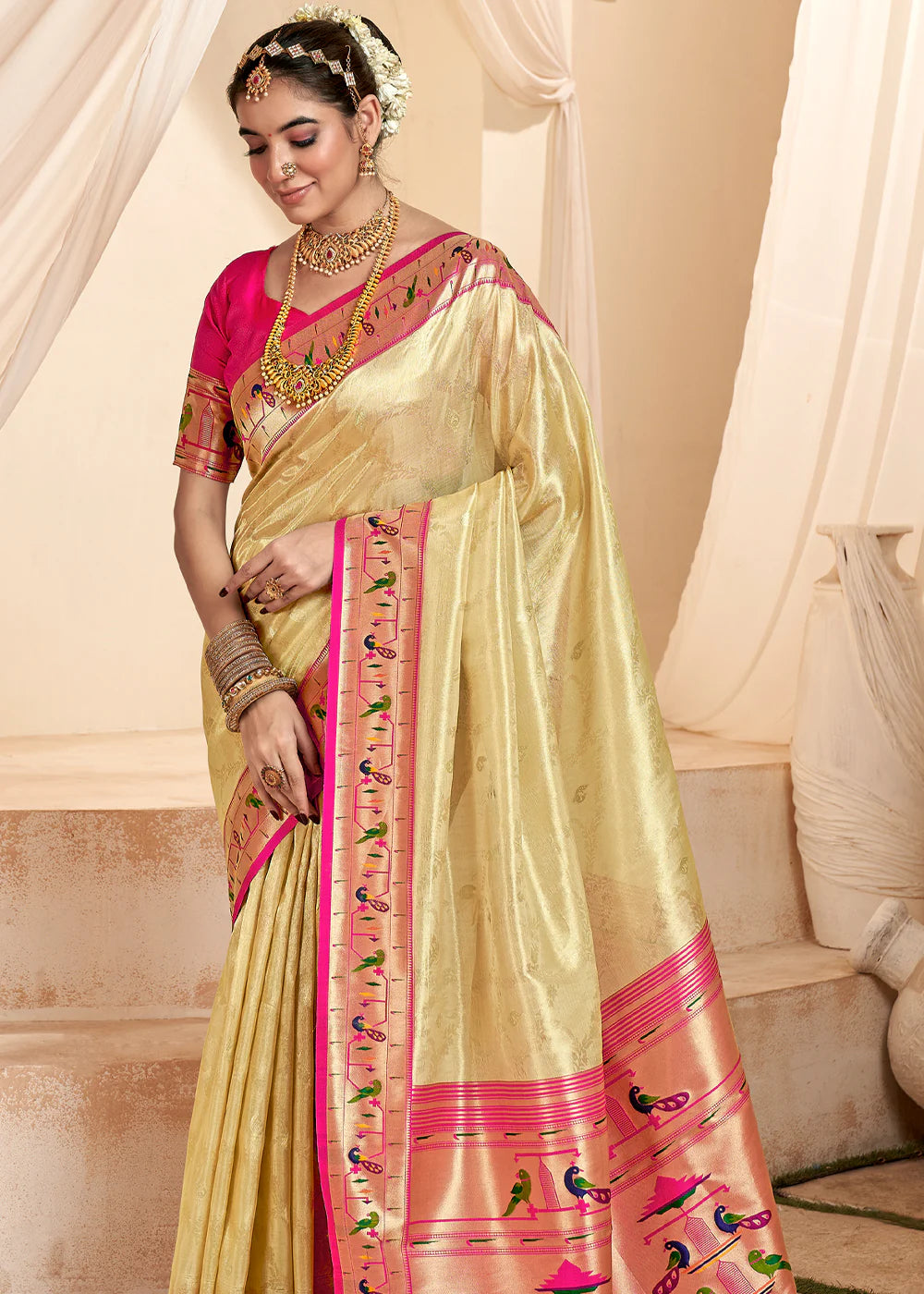 CREAM WHITE Soft tissue silk with paithani border SAREE