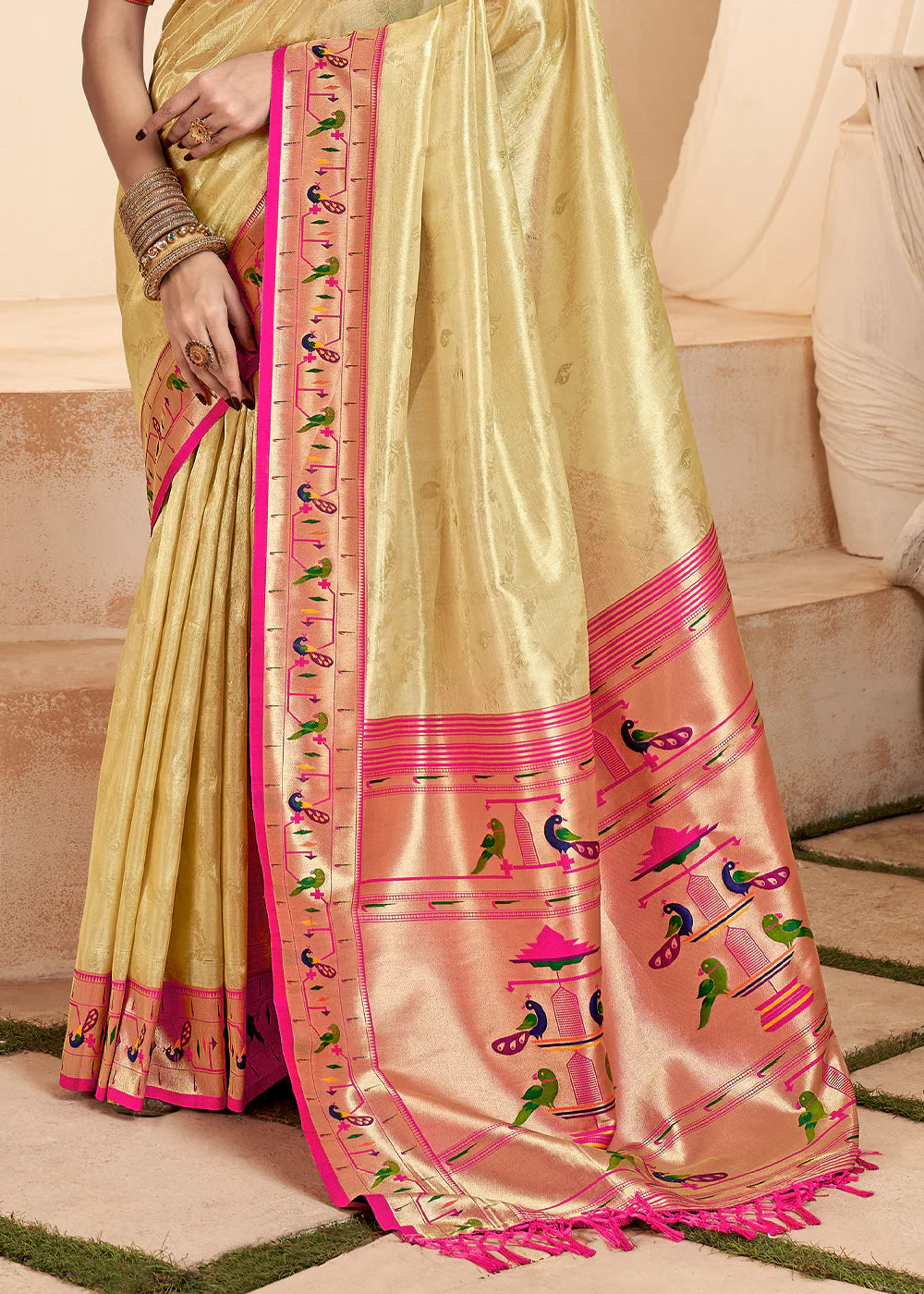 CREAM WHITE Soft tissue silk with paithani border SAREE