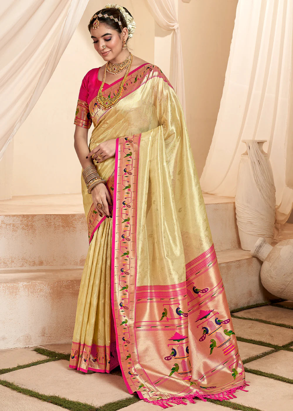 CREAM WHITE Soft tissue silk with paithani border SAREE