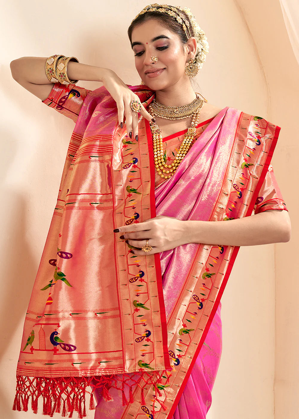 RASPBERRY PINK Soft tissue silk with paithani border SAREE