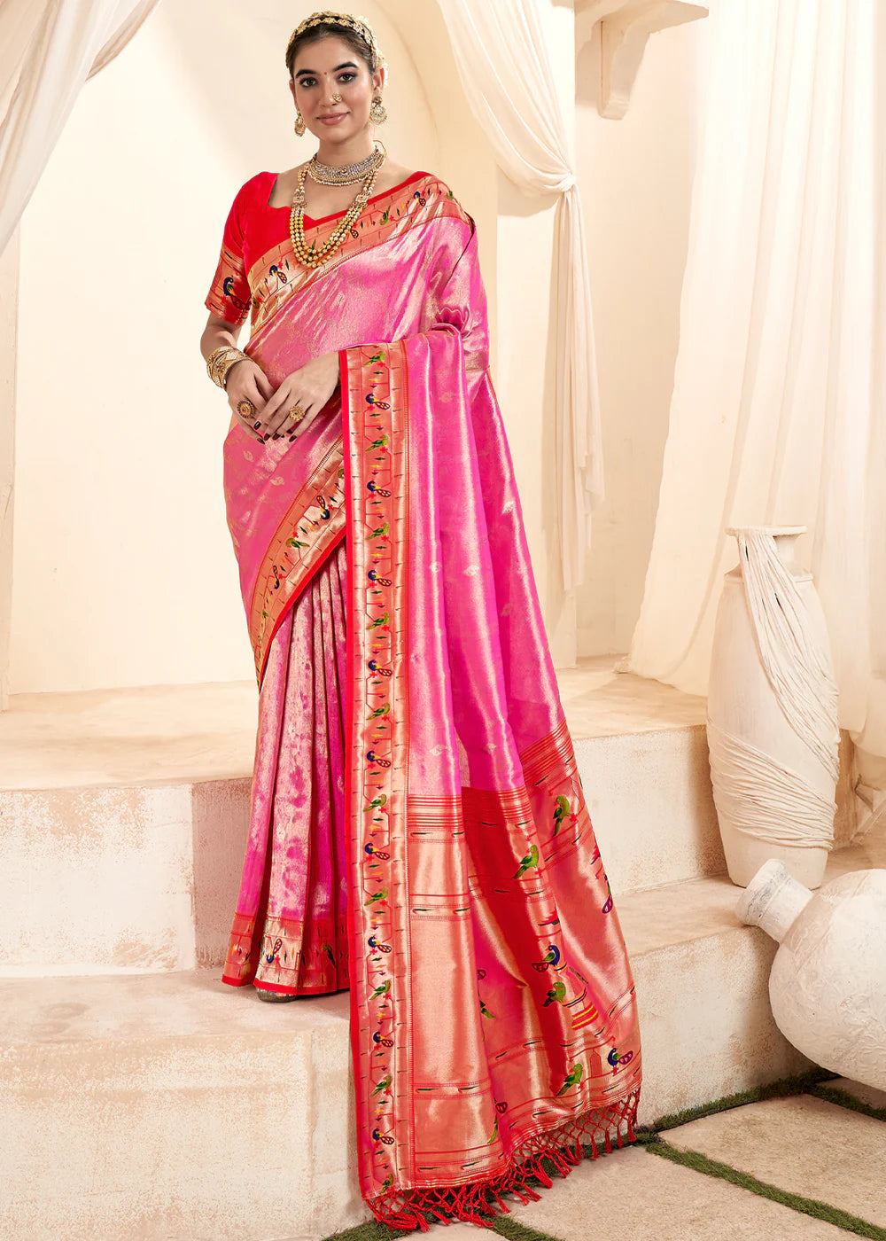 RASPBERRY PINK Soft tissue silk with paithani border SAREE