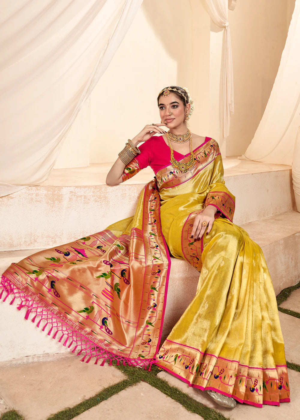 CYBER YELLOW Soft tissue silk with paithani border SAREE