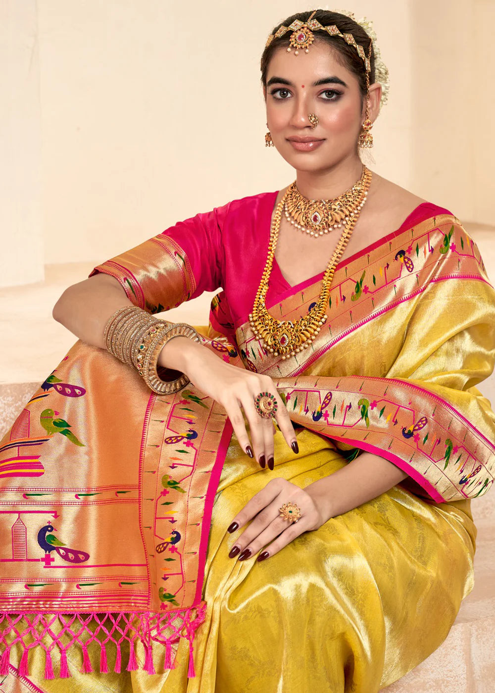 CYBER YELLOW Soft tissue silk with paithani border SAREE