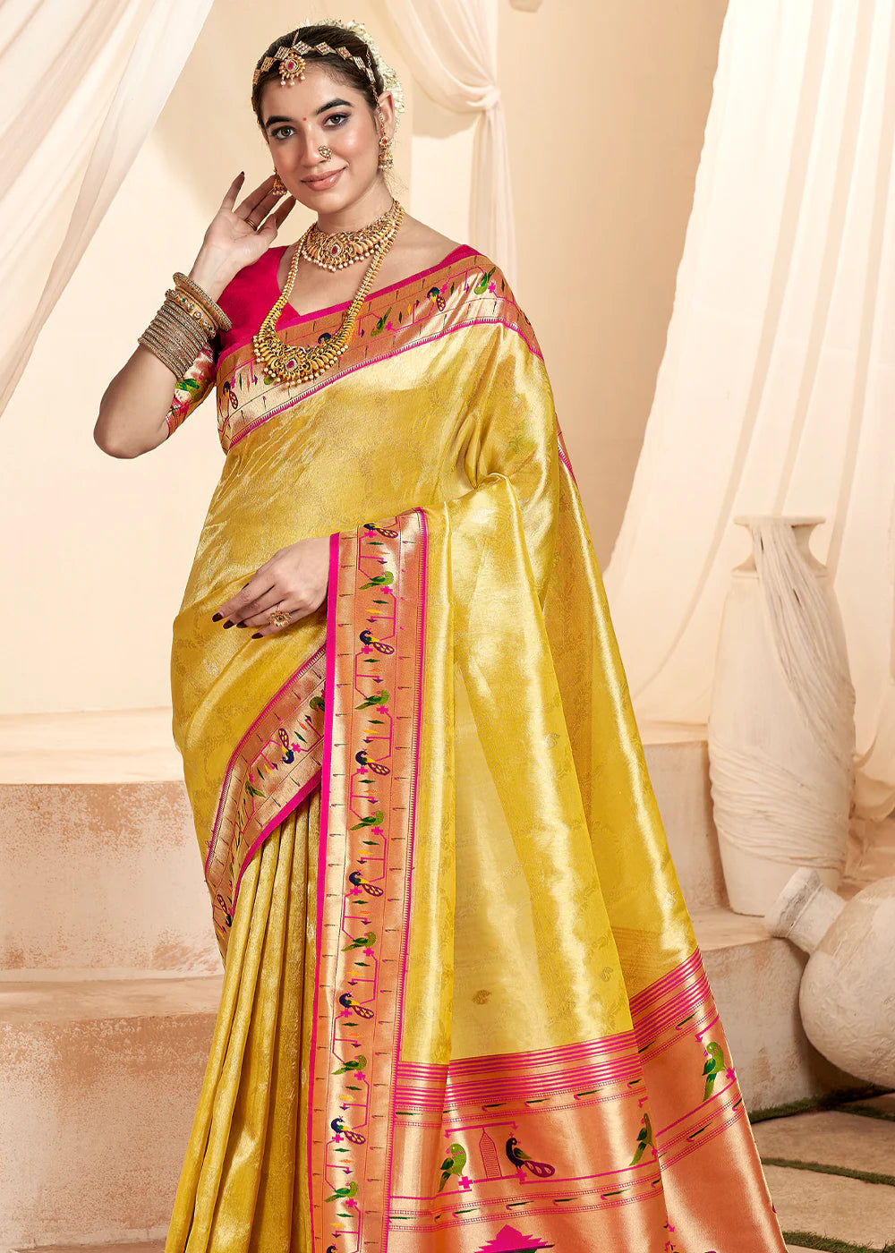 CYBER YELLOW Soft tissue silk with paithani border SAREE