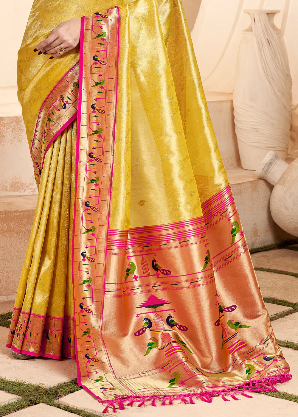 CYBER YELLOW Soft tissue silk with paithani border SAREE