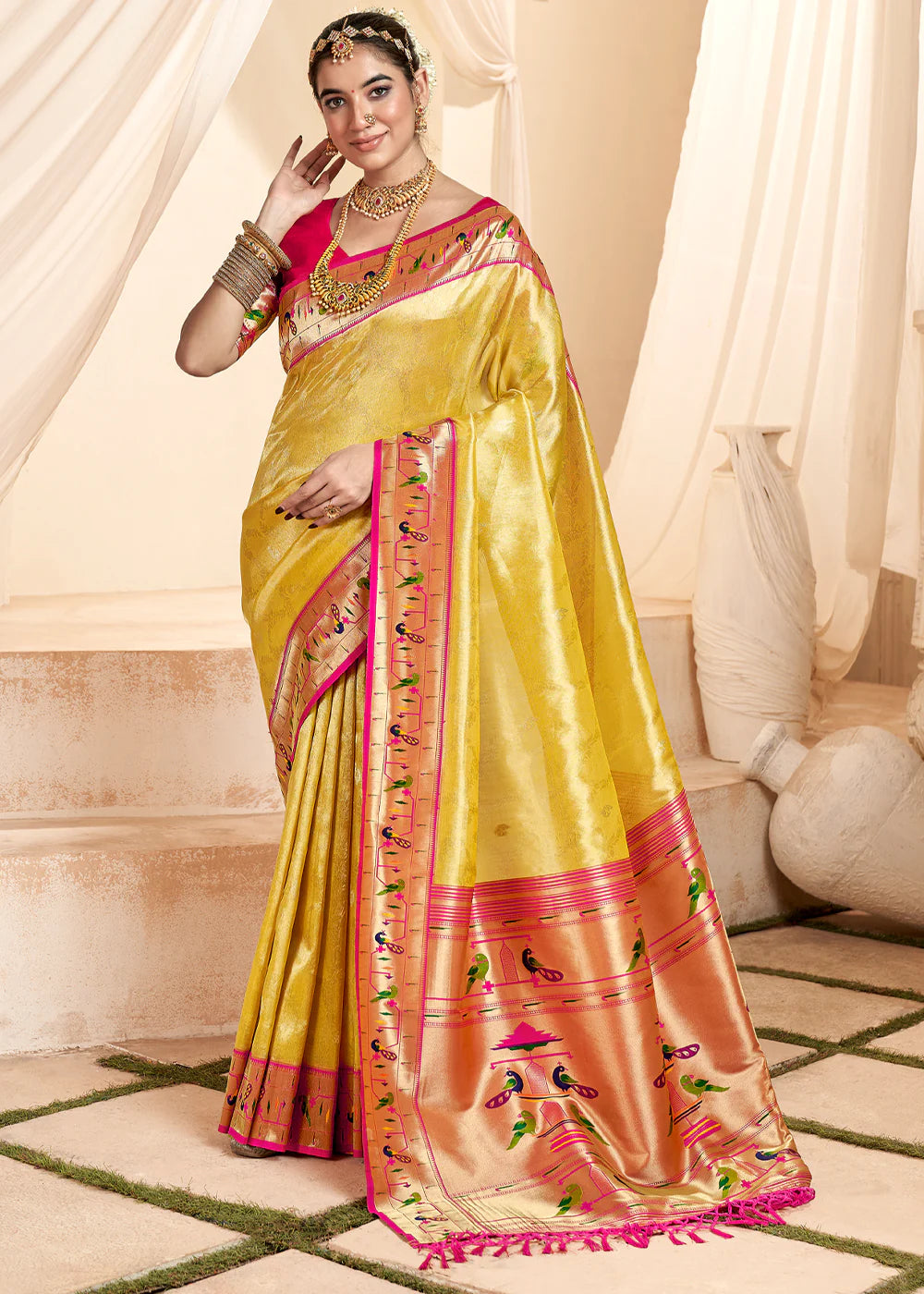 CYBER YELLOW Soft tissue silk with paithani border SAREE