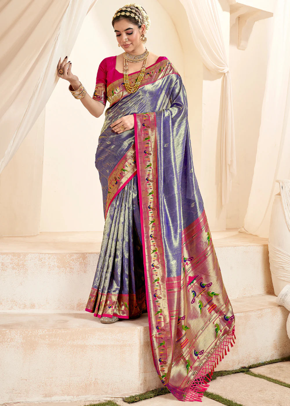 BERRY BLUE Soft tissue silk with paithani border SAREE