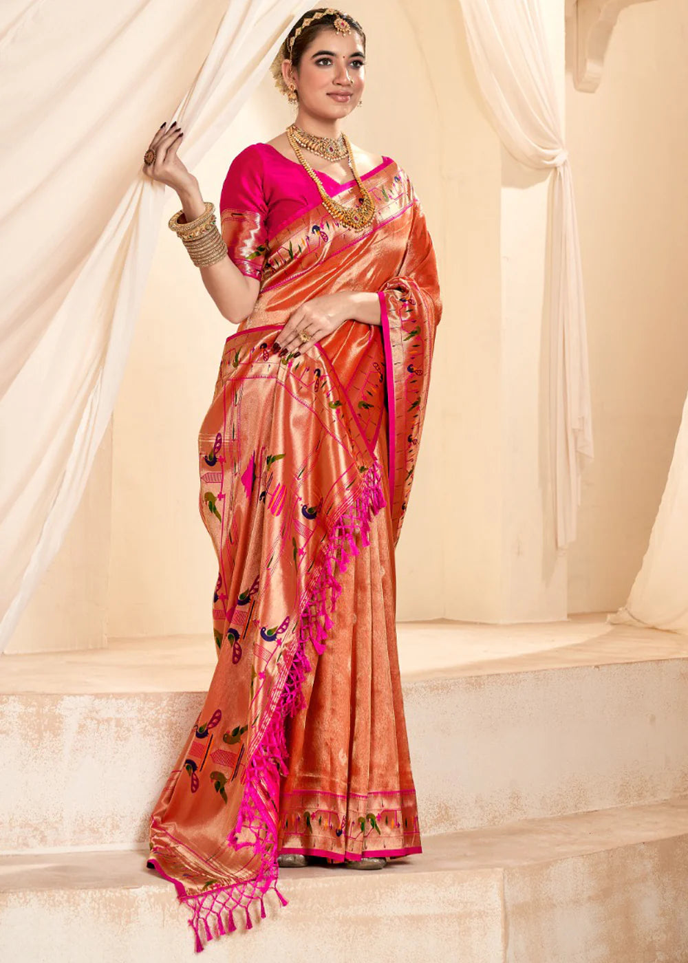 CRIMSON RED Soft tissue silk with paithani border SAREE