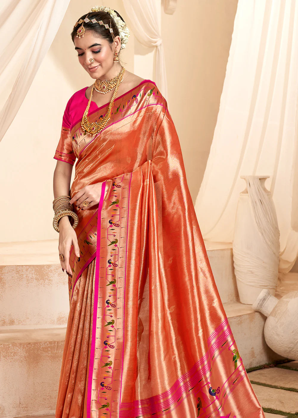 CRIMSON RED Soft tissue silk with paithani border SAREE