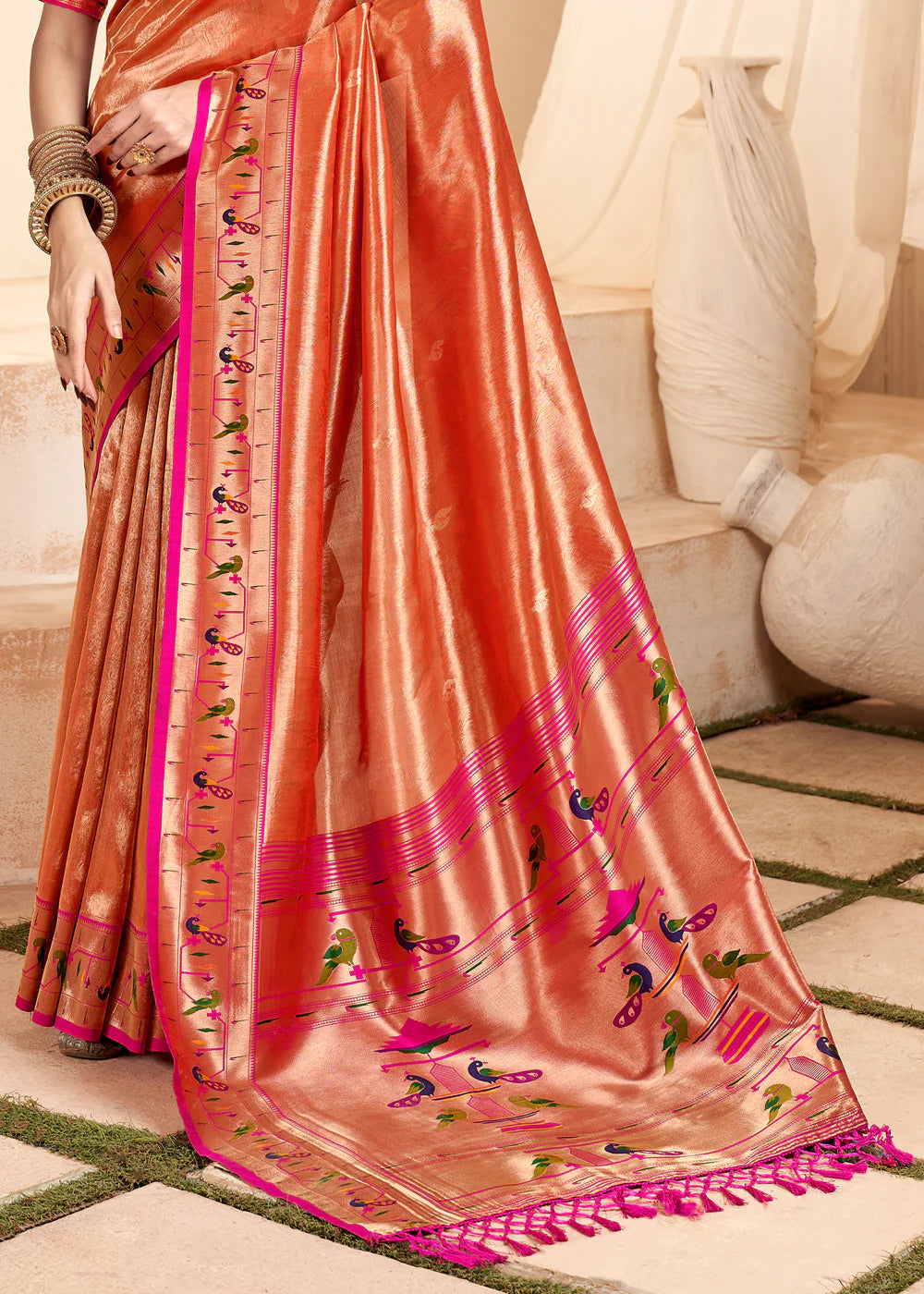 CRIMSON RED Soft tissue silk with paithani border SAREE