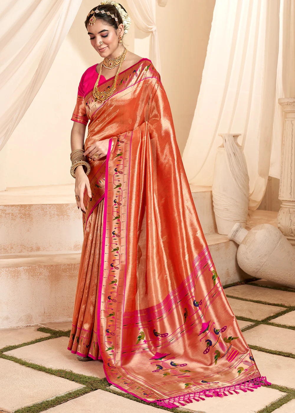 CRIMSON RED Soft tissue silk with paithani border SAREE