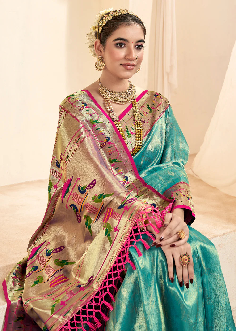 AQUAMARINE GREEN Soft tissue silk with paithani border SAREE