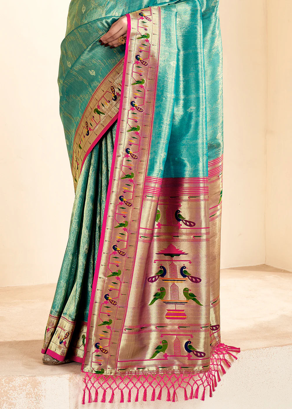 AQUAMARINE GREEN Soft tissue silk with paithani border SAREE