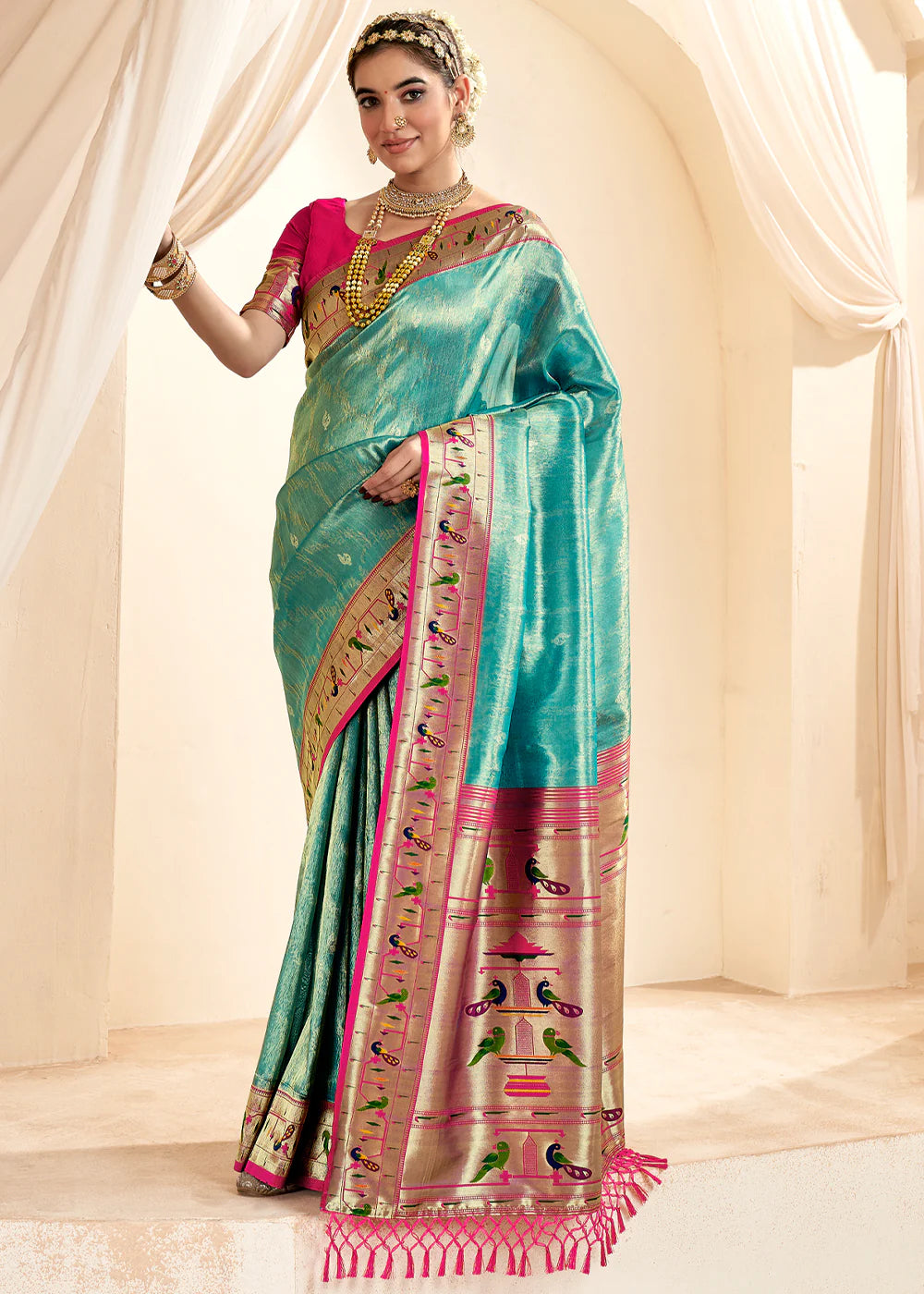 AQUAMARINE GREEN Soft tissue silk with paithani border SAREE